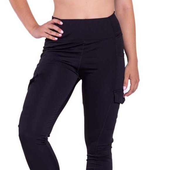 High-Waisted Black Fitness Leggings with Side Cargo Pockets - Picture 3 of 5